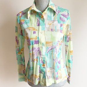 VINTAGE 1970s tropical vibes funky graphic pastel blouse